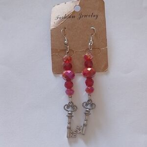 Silver and Red Ab Crystal Key Dangle Earrings
